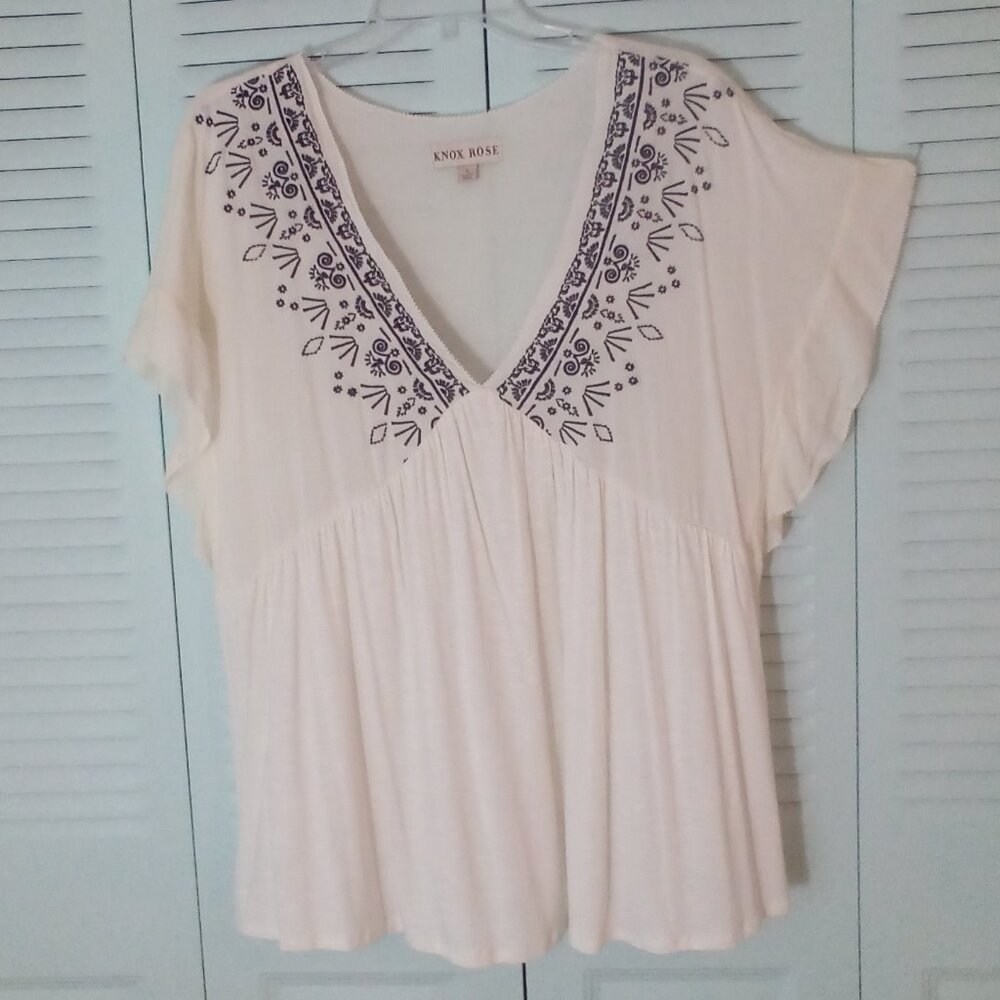 KNOX ROSE L EMBROIDERED V-NECK BABY DOLL BOHO TOP FLUTTER SLEEVES PEPLUM FAIRY